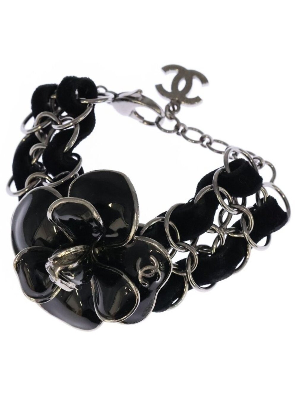 Chanel Camellia CC Logo Velour Chain Bracelet Black Silver